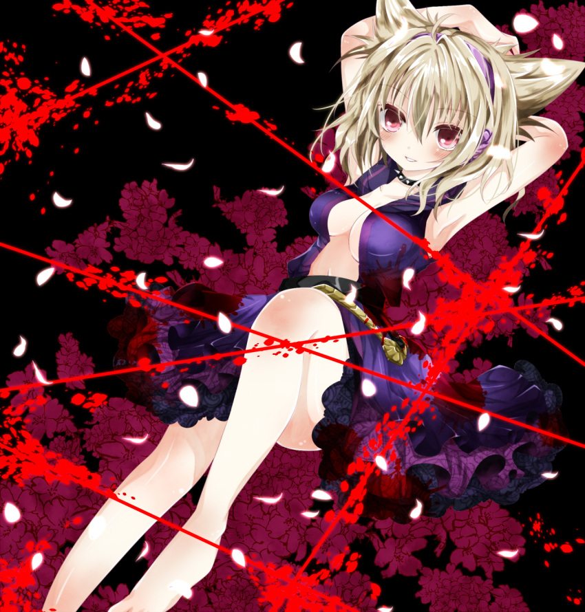 arm_behind_head armpits arms_behind_head arms_up bad_id bare_legs barefoot belt blonde_hair blush breasts cleavage collar dress earmuffs flower headphones highres nanase_nao no_bra open_dress purple_dress red_eyes short_hair smile solo spiked_collar spikes touhou toyosatomimi_no_miko