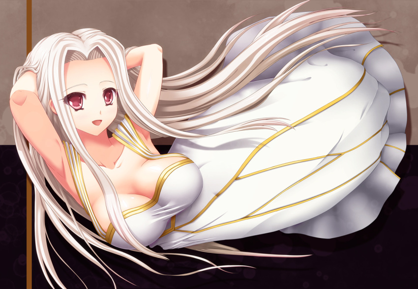 breasts dress fate/stay_night fate/zero fate_(series) irisviel_von_einzbern large_breasts long_hair red_eyes shadoued solo white_hair