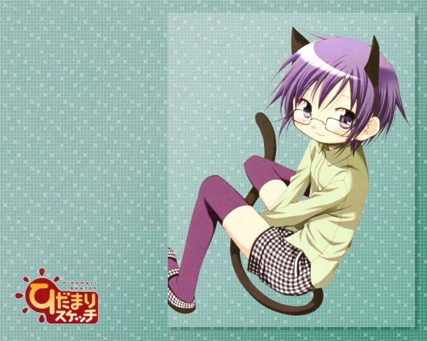animal_ears aoki_ume cat_ears cat_tail glasses hidamari_sketch official_art purple_legwear sae shoes shorts sitting smile solo t-shirt tail thighhighs v_arms