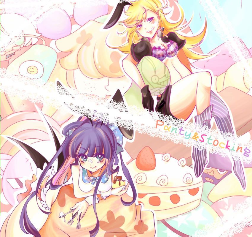 animal_ears artist_request blonde_hair brief_(psg) bunny_ears cake character_name chuch_(psg) chuck_(psg) doily dpily eyelashed eyelashes fod_on_face food food_on_face garterbelt_(psg) multicolored_hair multiple_girls panty_&amp;_stocking_with_garterbelt panty_(character) panty_(psg) stocking_(character) stocking_(psg) two-tone_hair