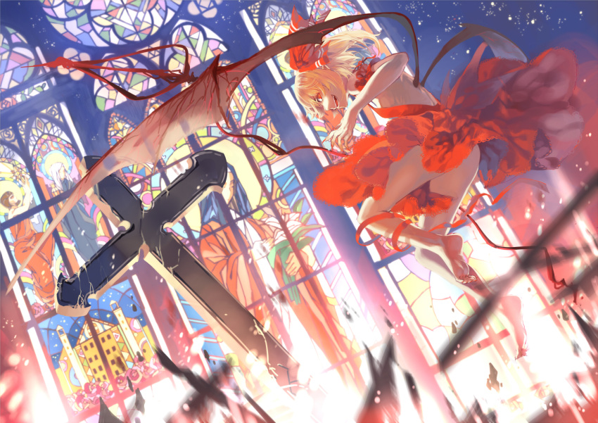 ass bare_legs barefoot bat_wings blonde_hair cross destruction dress feet flandre_scarlet highres laevatein nail_polish newrein no_bra no_panties red_dress red_eyes ribbon ribs stained_glass touhou wings