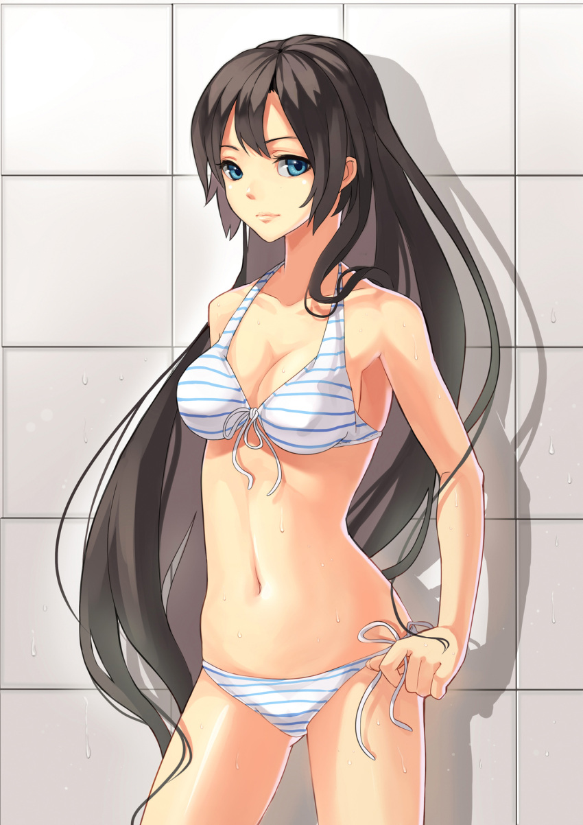 bad_id bare_shoulders bikini black_hair blue_eyes breasts brown_hair cleavage copyright_request fkey front-tie_top highres long_hair navel shadow shiny shiny_skin side-tie_bikini sideboob solo standing striped striped_bikini striped_swimsuit swimsuit tiles wet