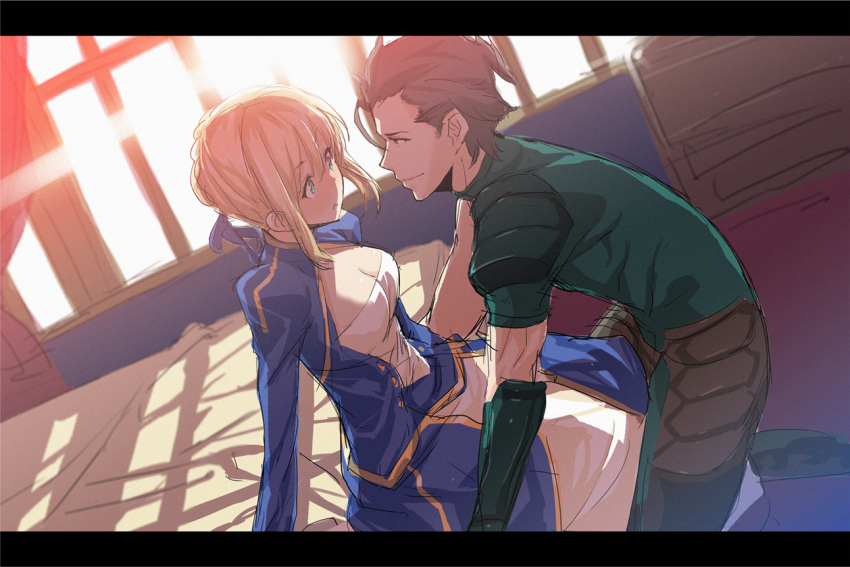 1girl bed blonde_hair blue_dress breasts cleavage dress elbow_gloves fate/stay_night fate/zero fate_(series) gloves green_eyes lancer lancer_(fate/zero) letterboxed open_mouth pants saber saitom shirt silver_hair sitting sunset window