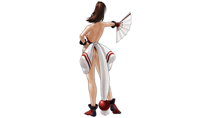 ass bare_back bare_shoulders bead breasts brown_hair eisuke_ogura fan fatal_fury from_behind highres king_of_fighters king_of_fighters_xiii long_hair ninja official_art ogura_eisuke panties ponytail shiranui_mai sideboob snk solo tabi thong transparent_background underwear