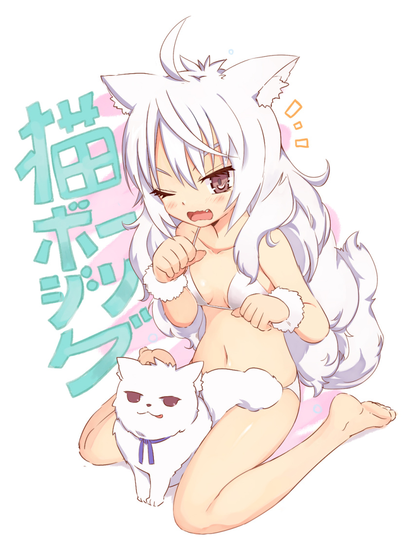 ahoge animal_ears barefoot bikini blush breasts cat cat_ears copyright_request fang highres long_hair navel open_mouth paw_pose por red_eyes ribbon sitting solo swimsuit tail wariza white_bikini white_hair wink