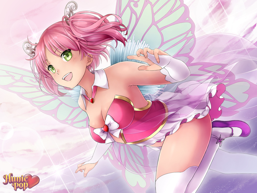 1girl bare_shoulders blush breasts bridal_gauntlets cleavage commentary detached_collar fairy fairy_wings green_eyes hair_ornament hairclip highres hunie_pop kyu_sugardust ninamo official_art pink_hair short_twintails showgirl_skirt smile solo thigh-highs twintails watermark white_legwear wings