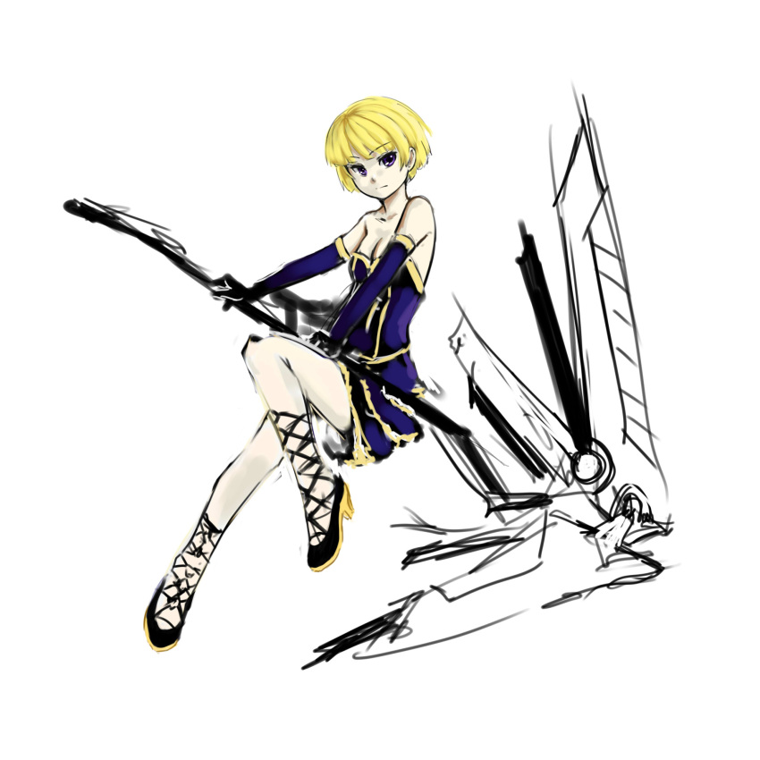 bare_shoulders blonde_hair bob_cut bow_(weapon) breasts cleavage corset cross-laced_sandals eirene_(oniro) elbow_gloves frilled_skirt gloves high_heels highres huge_weapon oniro original pas_(paxiti) purple_eyes sandals shoes short_hair sketch solo violet_eyes weapon work_in_progress