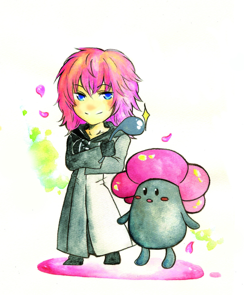 blue_eyes cloak gloves highres kingdom_hearts kingdom_hearts_358/2_days kurotennsi ladle long_hair marluxia petals pink_hair pokemon vileplume