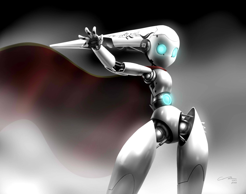 aqua_eyes cape drossel_von_flugel fireball_(series) highres hips point23 pose robot robot_joints signature solo