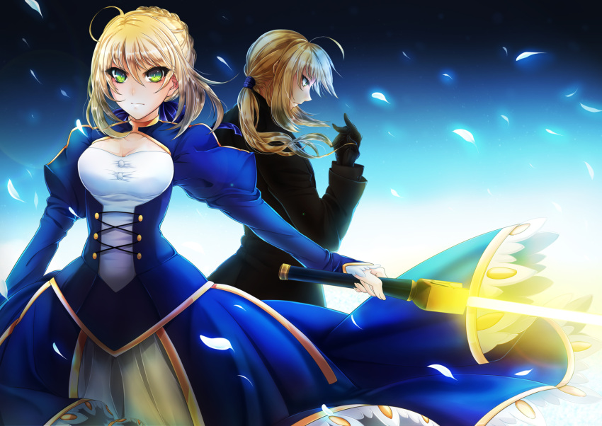 ahoge blonde_hair dress dual_persona excalibur fate/stay_night fate/zero fate_(series) formal gloves glowing glowing_sword glowing_weapon green_eyes hair_ribbon highres kishichi long_hair multiple_girls pant_suit petals ponytail ribbon saber suit sword weapon