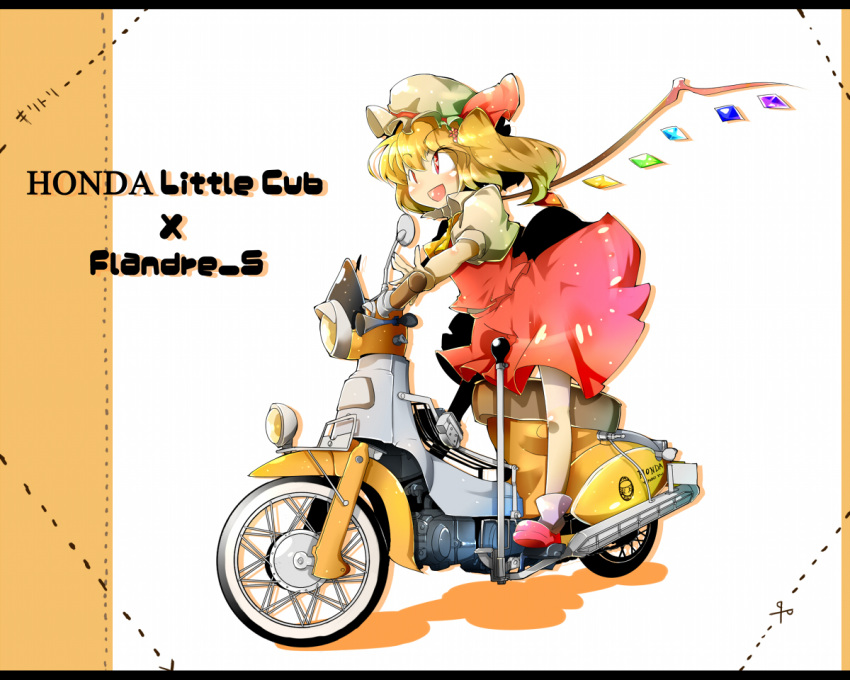 ascot blonde_hair blush character_name dotted_outline fang flandre_scarlet hair_ornament hat honda_cub jinkou-kuu letterboxed moped motor_vehicle motorcycle open_mouth red_eyes ribbon sharuru short_hair side_ponytail skirt skirt_set solo standing the_embodiment_of_scarlet_devil touhou vehicle