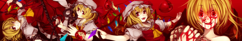 apple ascot bare_shoulders blonde_hair blood blood_in_mouth blood_on_face blood_on_hair bow chain clone flandre_scarlet food four_of_a_kind_(touhou) fruit hat hat_bow highres laevatein multiple_girls no_hat no_headwear open_mouth red red_eyes serizawa_mutsuki short_hair side_ponytail simple_background smile touhou wide-eyed wide_eyed wings