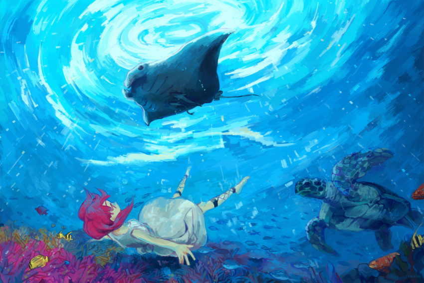 1girl ankle_lace-up bubble coral cross-laced_footwear dress fish freediving magi_the_labyrinth_of_magic manta_ray morgiana ocean sea_turtle swimming turtle underwater water