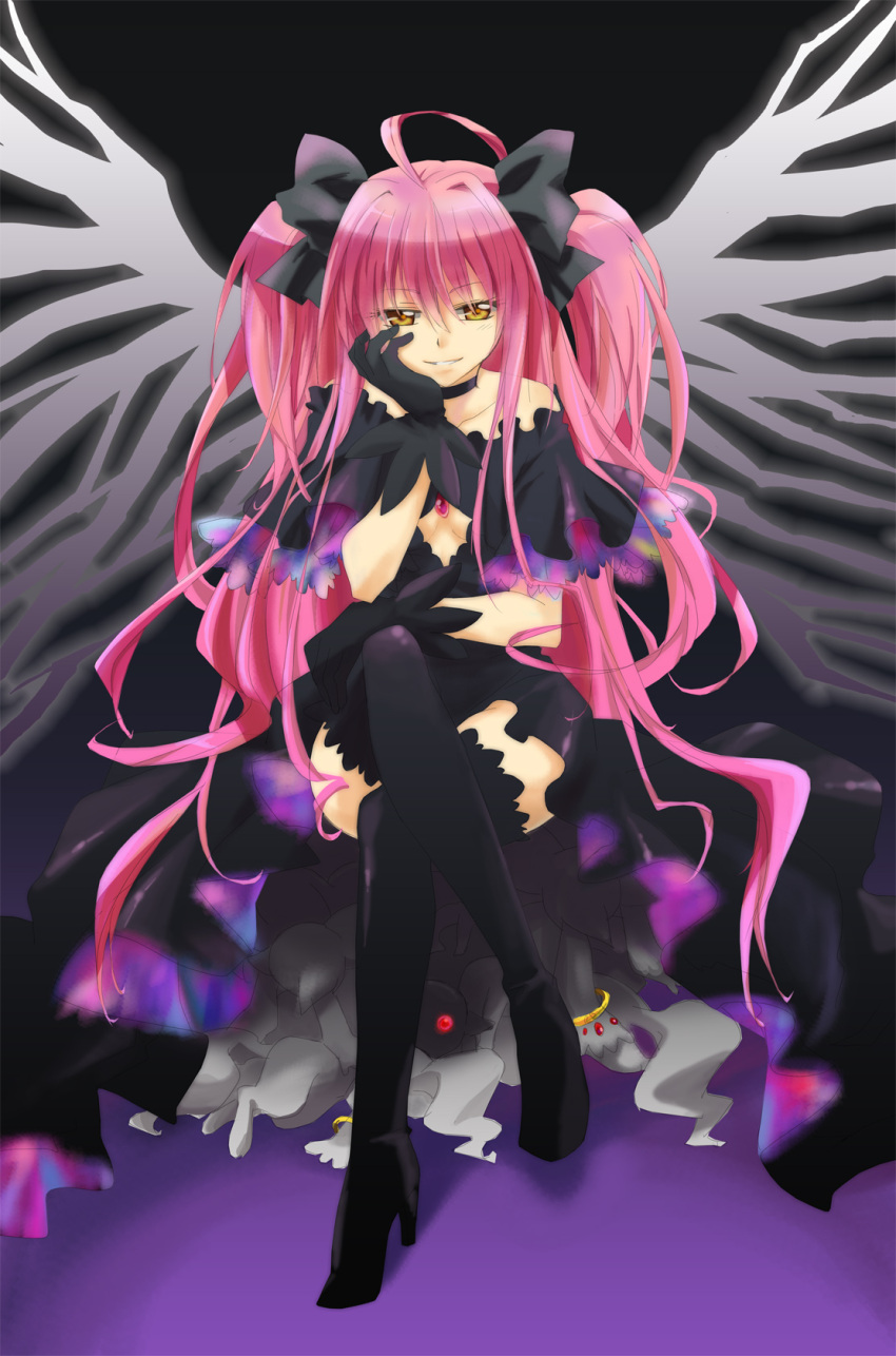 boots bow chin_rest cleavage_cutout crossed_legs dark_persona gloves goddess_madoka hair_bow hand_on_own_cheek hand_on_own_face highres kaname_madoka kriemhild_gretchen kyubey legs_crossed long_hair mahou_shoujo_madoka_magica pink_hair saoyou short_twintails sitting smile spoilers thigh_boots thighhighs throne twintails two_side_up ultimate_madoka very_long_hair wings yellow_eyes