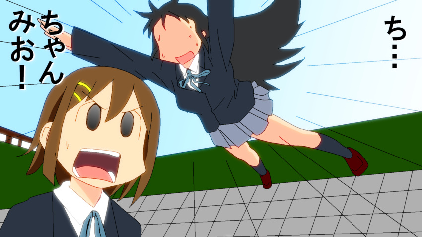 2girls akiyama_mio black_eyes black_hair brown_hair chee company_connection faceless hair_ornament hairclip hirasawa_yui jumping k-on! kneehighs kyoto_animation long_hair multiple_girls nichijou open_mouth outstretched_arms parody pleated_skirt school_uniform short_hair skirt sweat translated vector_trace