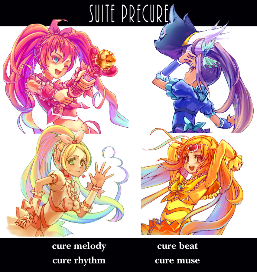 aqua_eyes arms_up blonde_hair braid brown_eyes cat character_name choker circlet cure_beat cure_melody cure_muse cure_muse_(yellow) cure_rhythm earrings frills green_eyes heart highres houjou_hibiki jewelry kurokawa_ellen long_hair magical_girl midriff minamino_kanade miracle_belltier multiple_girls navel orange_hair pink_hair potepote precure purple_hair shirabe_ako side_ponytail siren_(suite_precure) smile suite_precure title_drop twintails wand