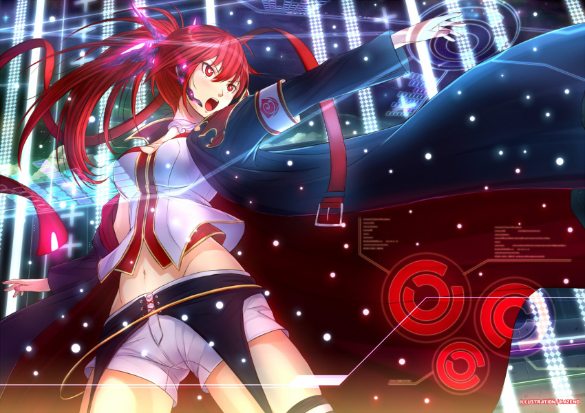 coat cul headset highres kazeno long_hair navel open_mouth ponytail red_eyes red_hair shorts solo vocaloid