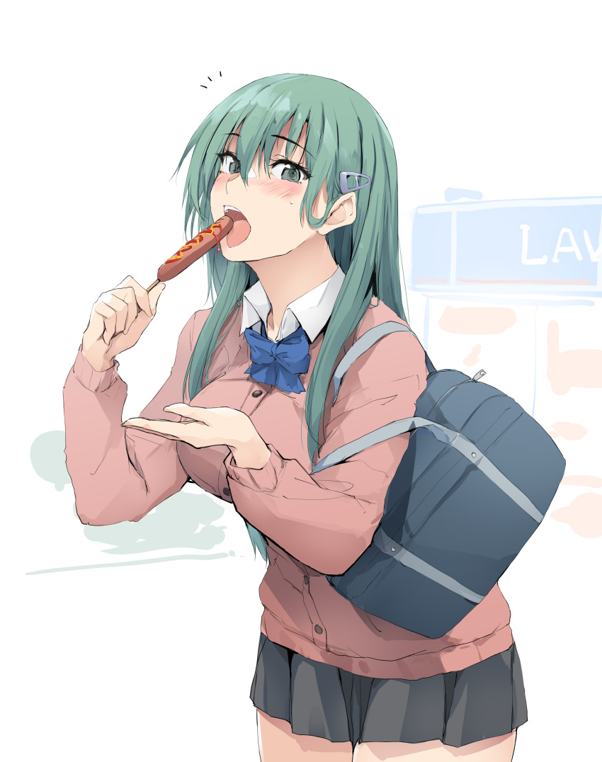 1girl absurdres black_skirt blush breasts cardigan collared_shirt cowboy_shot eating food green_eyes green_hair hair_between_eyes hair_ornament hairclip highres holding holding_food kantai_collection large_breasts long_hair long_sleeves official_alternate_costume open_mouth pink_cardigan pleated_skirt shirt skirt solo standing suzuya_(kancolle) tongue tongue_out white_shirt zekkyon
