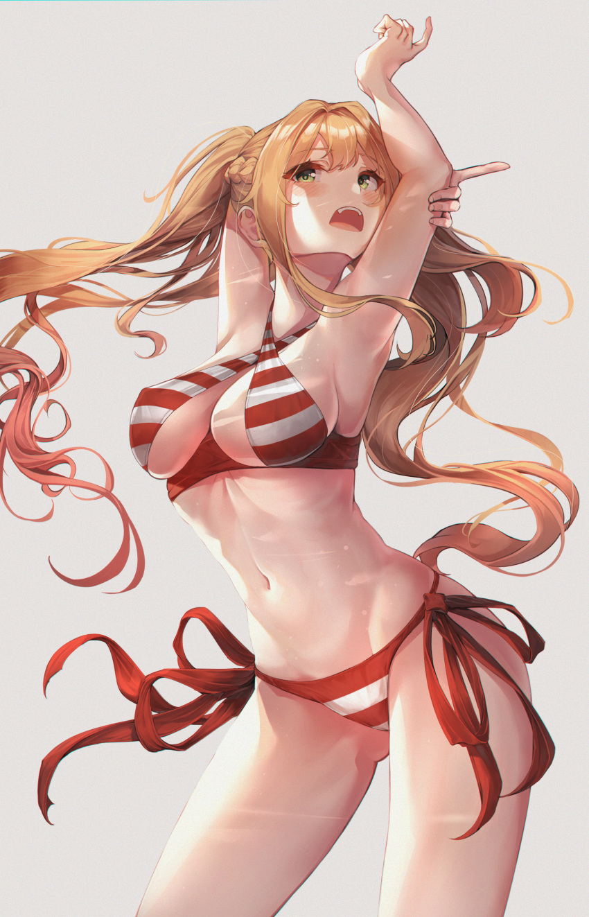 1girl absurdres armpits arms_up bangs bikini blonde_hair breasts commentary_request contrapposto cowboy_shot criss-cross_halter fangs fate/grand_order fate_(series) grey_background hair_intakes halterneck highres large_breasts long_hair mecha_(alswp) navel nero_claudius_(fate) nero_claudius_(fate)_(all) nero_claudius_(swimsuit_caster)_(fate) open_mouth red_bikini side-tie_bikini simple_background solo standing stomach striped striped_bikini swimsuit thighs twintails
