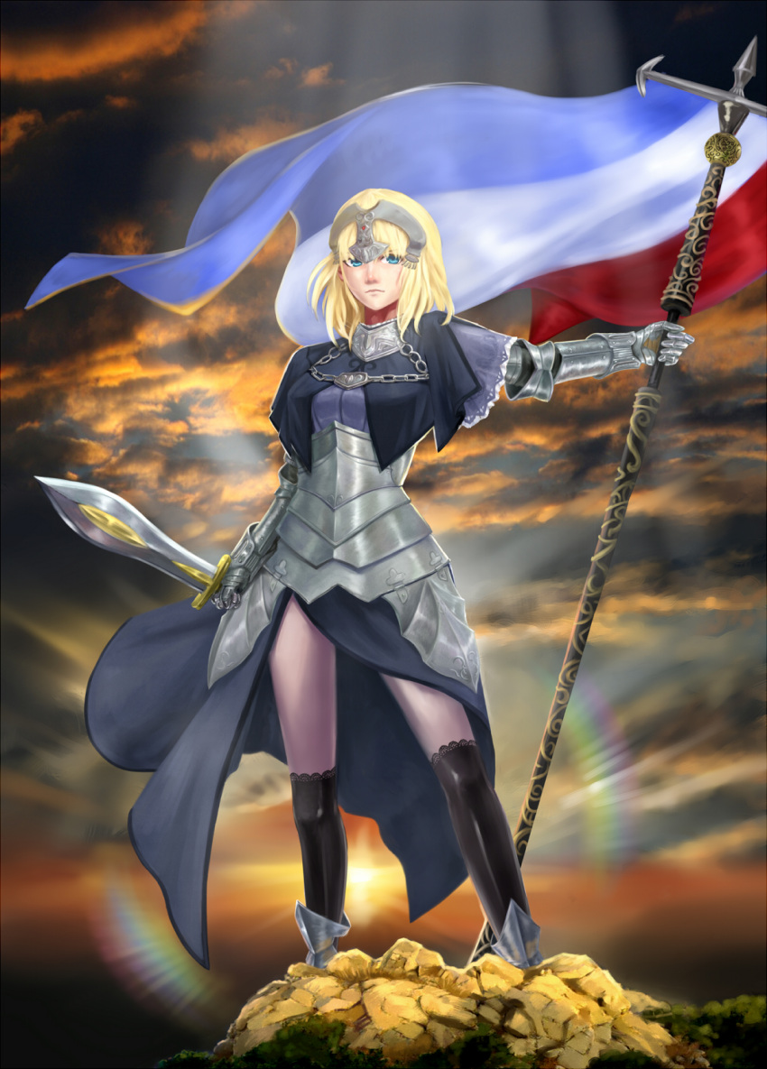 armor armored_dress black_legwear blonde_hair blue_eyes boots circlet dress fate/apocrypha fate/stay_night fate_(series) flag footwear french_flag gauntlets headpiece highres jeanne_d'arc_(fate/apocrypha) jeanne_d'arc_(fate/apocrypha) kneehighs long_hair lxz198908 ruler_(fate/apocrypha) socks solo sunset sword thighhighs weapon
