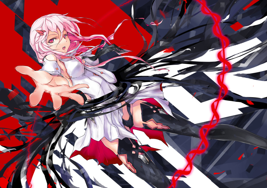 black_legwear breasts detached_sleeves dutch_angle elbow_gloves gloves guilty_crown hair_ornament hairclip hand_on_own_chest hands_on_another's_chest hands_on_another's_chest highres long_hair looking_at_viewer necktie open_hand open_mouth pink_eyes pink_hair solo thigh-highs thighhighs wei_(hoshieve) yuzuriha_inori