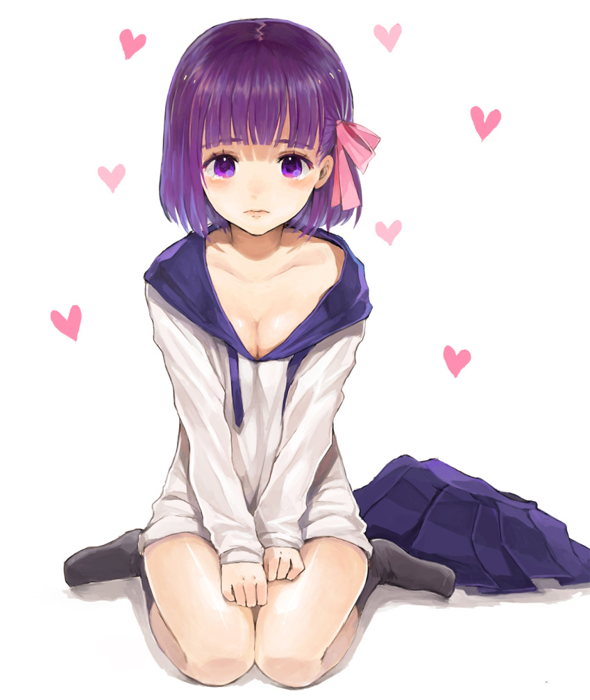 1girl bottomless bottomless_female breasts cleavage fate/stay_night fate/zero fate_(series) footwear hair_ribbon heart highres knees_together_feet_apart matou_sakura no_panties no_pants purple_eyes purple_hair ribbon school_uniform serafuku short_hair sitting skirt skirt_removed socks solo sono type-moon violet_eyes wariza young