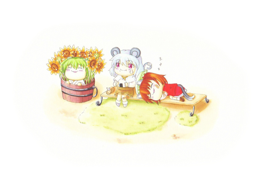 animal_ears azusa_nigou_(eida2009) basket blush brown_hair bucket capelet cat_ears cat_tail chen dress eating flower food girl_in_bucket green_hair grey_hair hair_bobbles hair_ornament hat highres in_bucket in_container kisume mouse mouse_ears mouse_tail multiple_girls multiple_tails nazrin onigiri open_mouth red_dress red_eyes short_hair sitting smile sunflower tail touhou traditional_media twintails white_background yukkuri_shiteitte_ne
