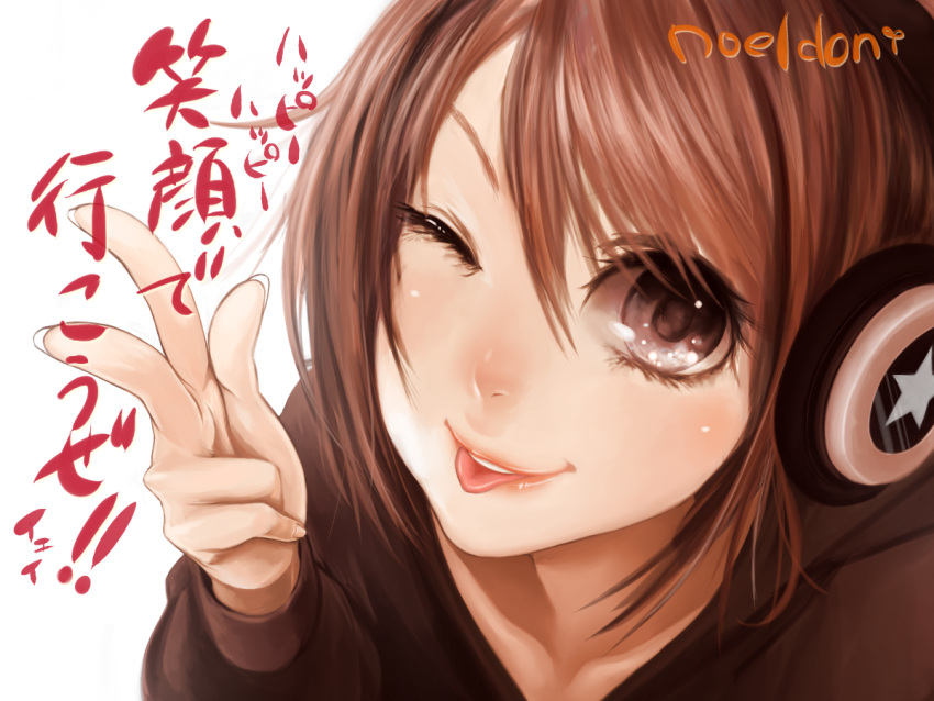 ;p brown_eyes brown_hair close-up headphones okamocheese original signature simple_background solo tongue wink