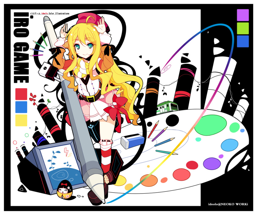 abstract ahoge arms_up blonde_hair blush bow eraser green_eyes hat ideolo long_hair no_nose over-kneehighs palette pencil rainbow_order ribbon sample shoes skirt smile solo striped striped_legwear stylus tombow_mono vest