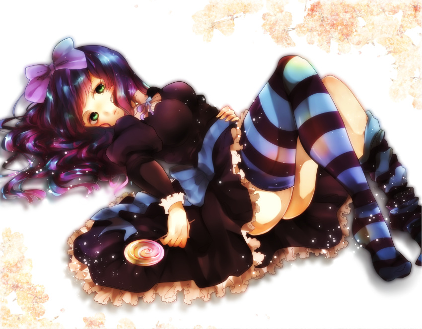 blue_hair candy dress green_eyes hair_bow highres lollipop long_hair lying on_back panty_&amp;_stocking_with_garterbelt purple_hair stocking_(character) stocking_(psg) striped striped_legwear sumomo_kaze thigh-highs thighhighs white