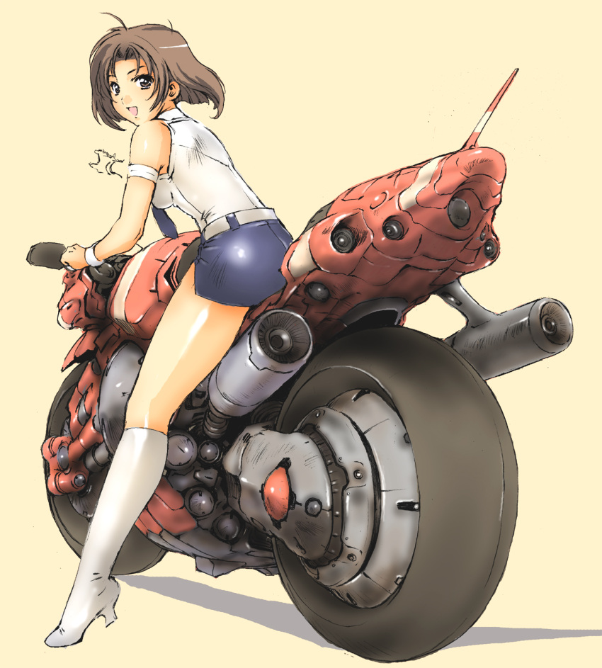 brown_hair green_eyes highres motor_vehicle motorcycle naonao77 perspective riding short_hair tsujimoto_natsumi vehicle you're_under_arrest you're_under_arrest