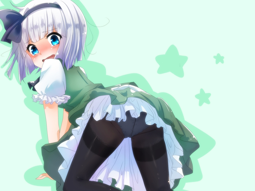 all_fours ass bent_over black_legwear blue_eyes blush bob_cut e from_behind hairband konpaku_youmu looking_back negiko open_mouth panties panties_under_pantyhose pantyhose petticoat short_hair silver_hair skirt solo star surprised tears touhou underwear white_panties