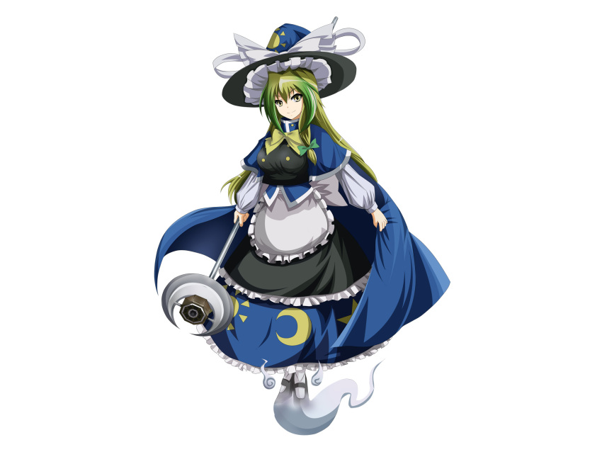 apron blonde_hair bow cape crescent frills fusion ghost ghost_tail green_hair hair_bow hat hat_ribbon highres inoshira kirisame_marisa mima mini-hakkero multicolored_hair ribbon simple_background solo staff touhou touhou_(pc-98) two-tone_hair waist_apron white_background yellow_eyes