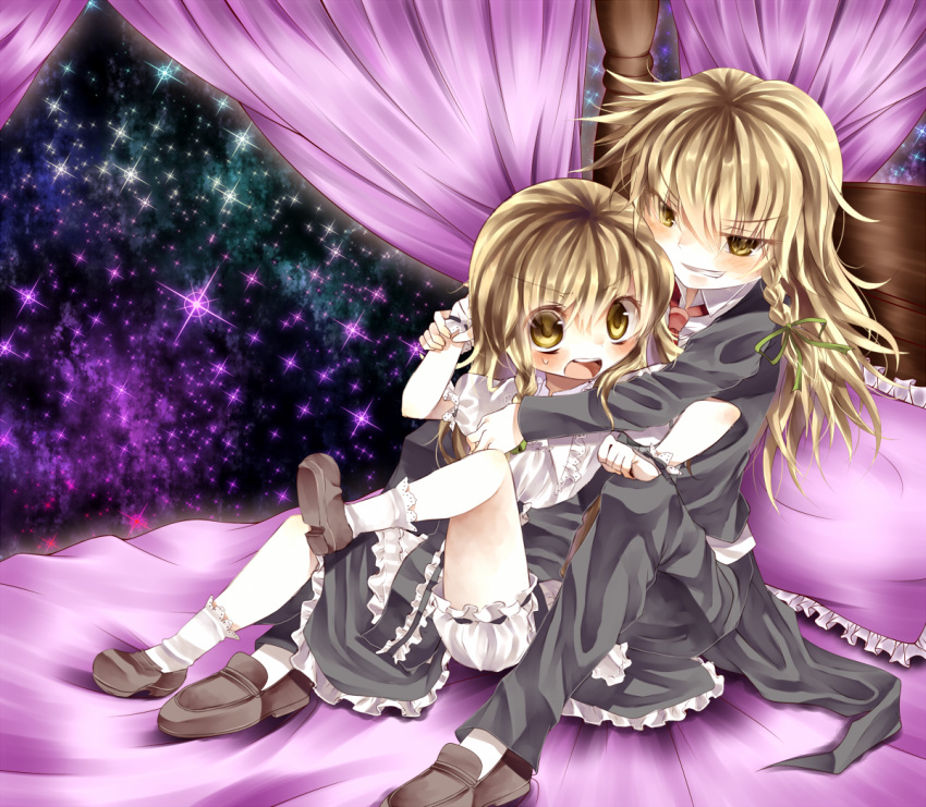 bed blonde_hair bloomers blush braid child dual_persona footwear formal grin holding kirisame_marisa loafers long_hair multiple_girls necktie no_hat no_headwear open_mouth pant_suit pants pillow shoes short_hair side_braid sitting smile smirk socks suit tepes time_paradox touhou wrist_cuffs yellow_eyes