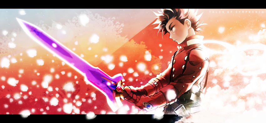 brown_hair coat gloves gotou_(pixiv37128) highres lloyd_irving male serious solo spiked_hair spiky_hair sword tales_of_(series) tales_of_symphonia weapon
