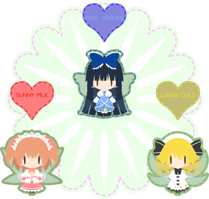 alice4127 bow chibi hat highres luna_child multiple_girls ribbon star_sapphire sunny_milk touhou wings