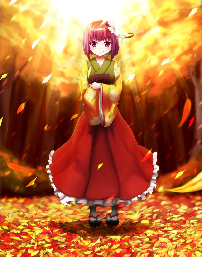 agent_(artist) agent_(ikuoikuo) autumn_leaves book_hug floral_print flower forest hair_flower hair_ornament hieda_no_akyuu highres japanese_clothes kimono nature petals purple_eyes purple_hair short_hair smile solo sunlight touhou violet_eyes