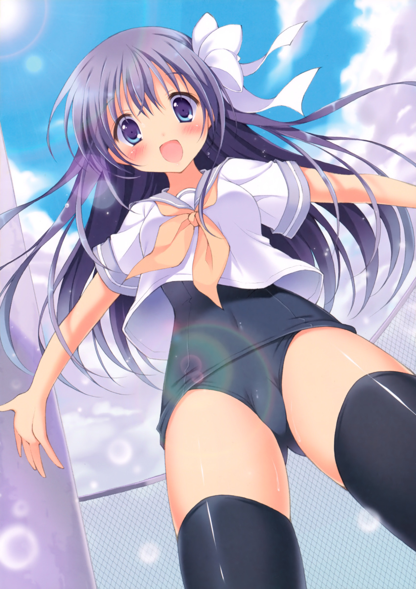:d absurdres black_legwear blue_eyes blue_hair blue_sky blush cloud fence from_below highres lens_flare long_hair one-piece_swimsuit open_mouth original outstretched_arms pan_(mimi) school_swimsuit school_uniform skindentation sky smile solo spread_arms swimsuit swimsuit_under_clothes thigh-highs thighhighs