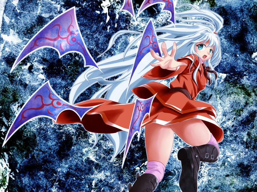 :d aqua_eyes boots dress excel_(shena) goddess hands highres knee_boots long_hair looking_back open_mouth pink_legwear sash shinki side_ponytail smile solo thigh-highs thighhighs thighs touhou very_long_hair white_hair wings