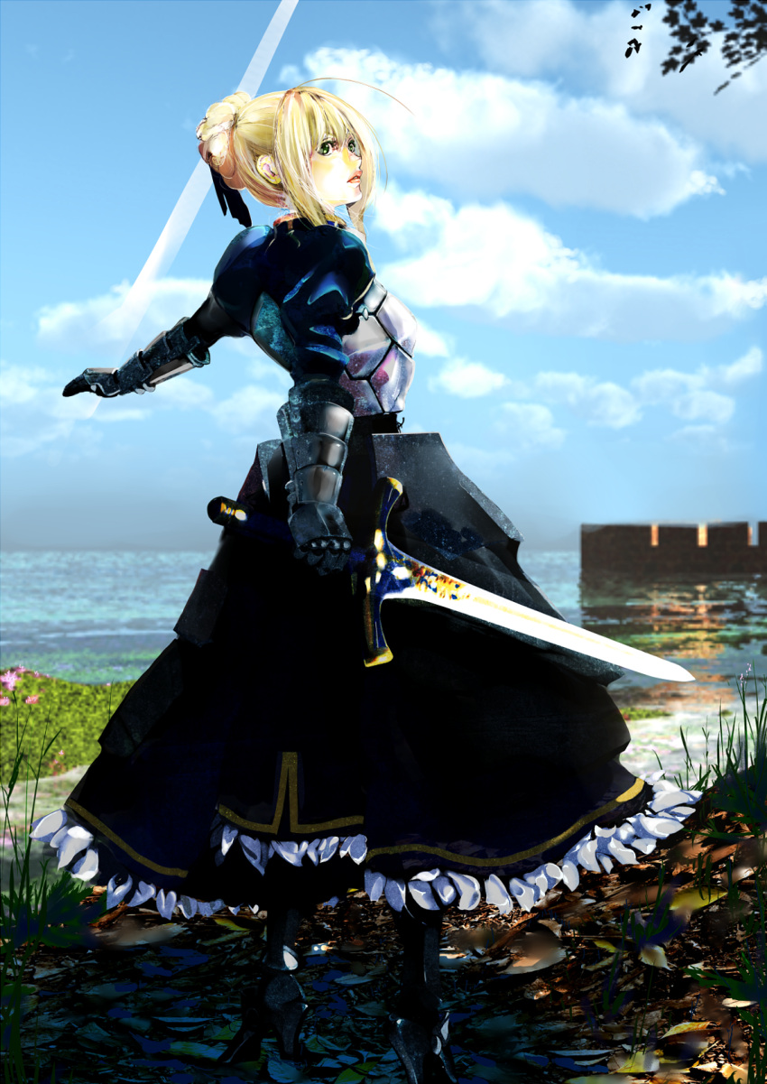 ahoge armor armored_dress blonde_hair dress excalibur fate/stay_night fate/zero fate_(series) flower gauntlets grass hair_ribbon highres photorealistic rab6 realistic ribbon saber solo sword water weapon