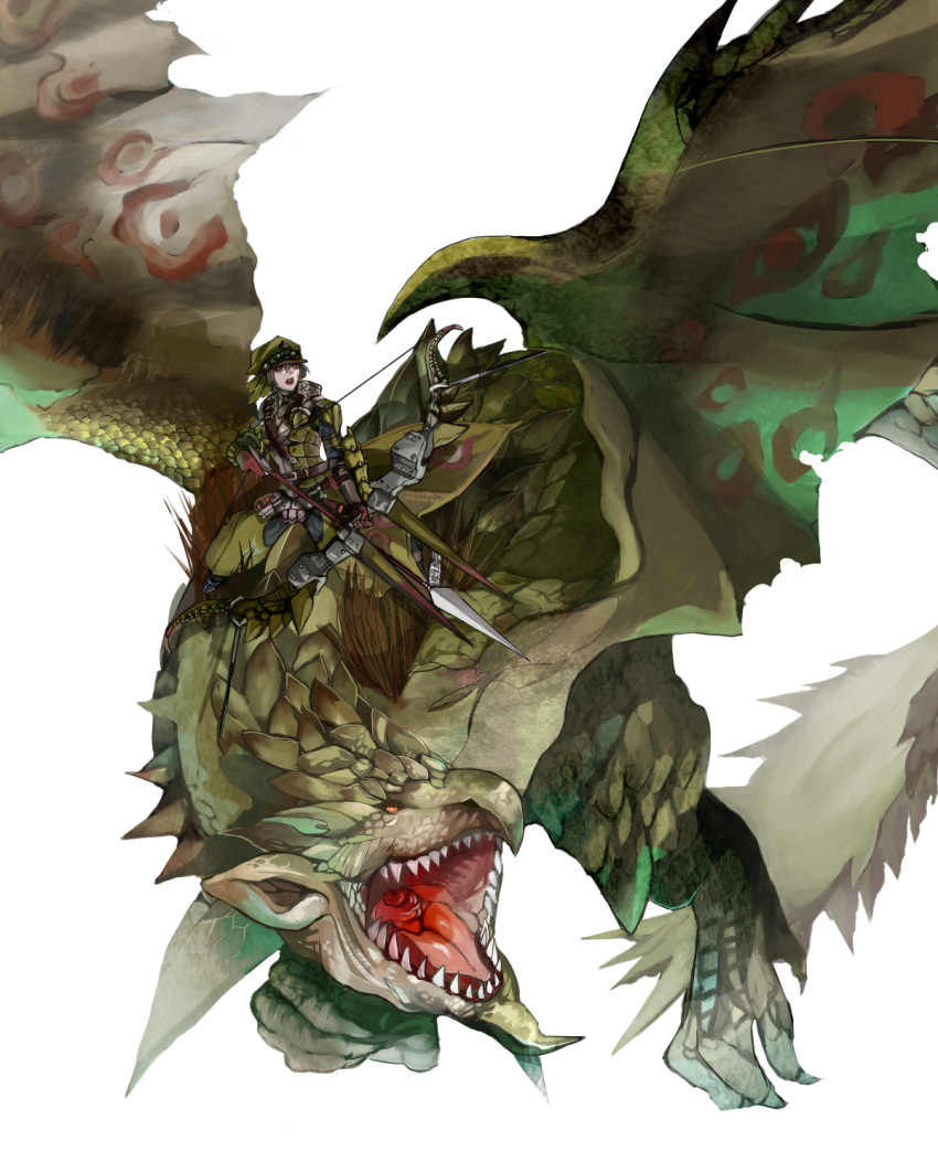 armor arrow bow_(weapon) capcom dragon hat hebi highres monster monster_hunter open_mouth rathian rathian_(armor) riding scales sharp_teeth spikes tail talons weapon wings