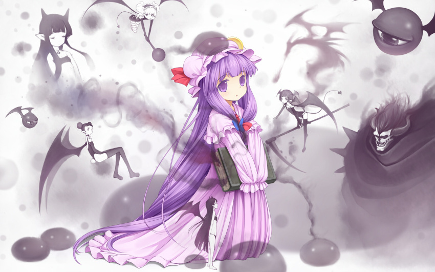 bad_id black_legwear book bunny_tail child closed_eyes crescent demon demon_girl demon_tail dragon eyeball eyes_closed fujishiro_touma hat head_wings highres horns long_hair mace patchouli_knowledge pointy_ears purple_eyes purple_hair scythe solo striped striped_legwear succubus tail thigh-highs thighhighs touhou tubetop v_arms very_long_hair violet_eyes weapon wings young