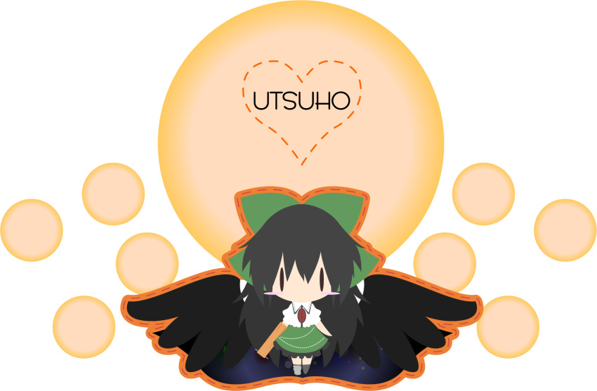 alice4127 arm_cannon black_hair bow cape chibi highres long_hair reiuji_utsuho solo touhou weapon wings