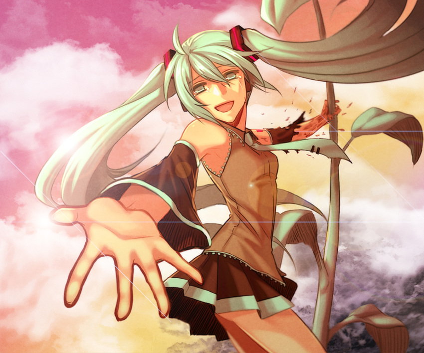 1girl blood detached_sleeves foreshortening green_eyes green_hair hatsune_miku hello_planet_(vocaloid) ktsis long_hair looking_at_viewer necktie open_mouth skirt smile solo tears torn_clothes twintails very_long_hair vocaloid