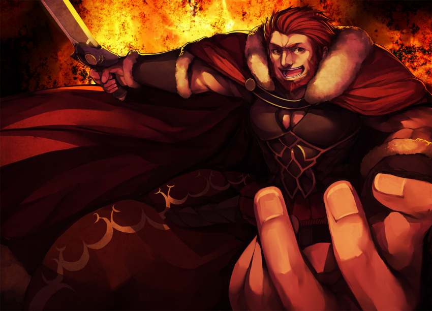 armor beard cape facial_hair fate/stay_night fate/zero fate_(series) highres hitoto male manly perspective red_eyes red_hair redhead rider_(fate/zero) short_hair solo sword weapon