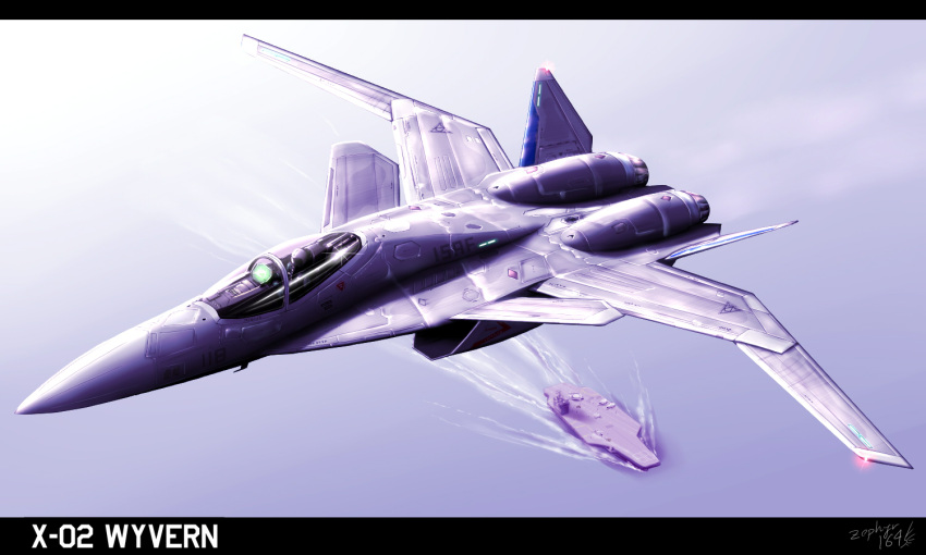 ace_combat_04 aircraft_carrier airplane fighter_jet flying isaf jet letterboxed ocean pilot signature x-02_wyvern zephyr164