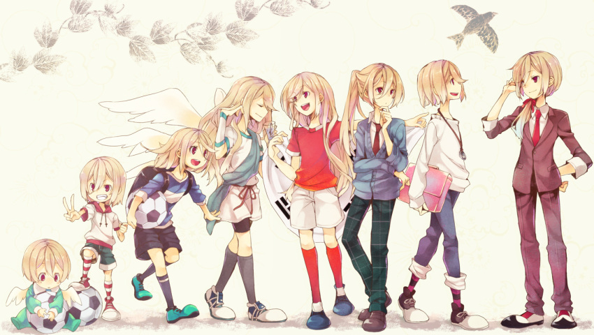 afuro_terumi age_progression androgynous backpack bag ball bike_shorts blonde_hair casual chiko_(mizuho) child crossover fire_dragon_(inazuma_eleven) formal inazuma_eleven inazuma_eleven_(series) inazuma_eleven_go jewelry long_hair multiple_persona multiple_wings necklace necktie open_mouth ponytail randoseru red_eyes sash short_hair soccer_ball soccer_uniform suit trap tunic v very_long_hair wings zeus_(inazuma_eleven)