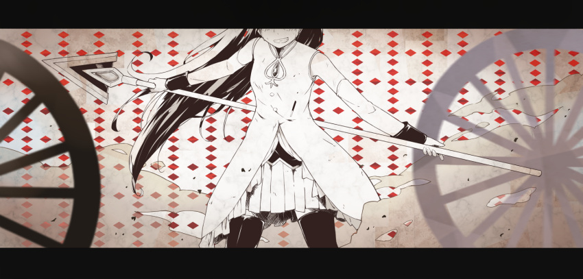 bare_shoulders black_legwear cccpo clenched_teeth dust frills head_out_of_frame letterboxed long_hair magical_girl mahou_shoujo_madoka_magica monochrome pleated_skirt pocky polearm ponytail sakura_kyouko skirt solo spear tears thigh-highs thighhighs weapon wheel witch's_labyrinth witch's_labyrinth
