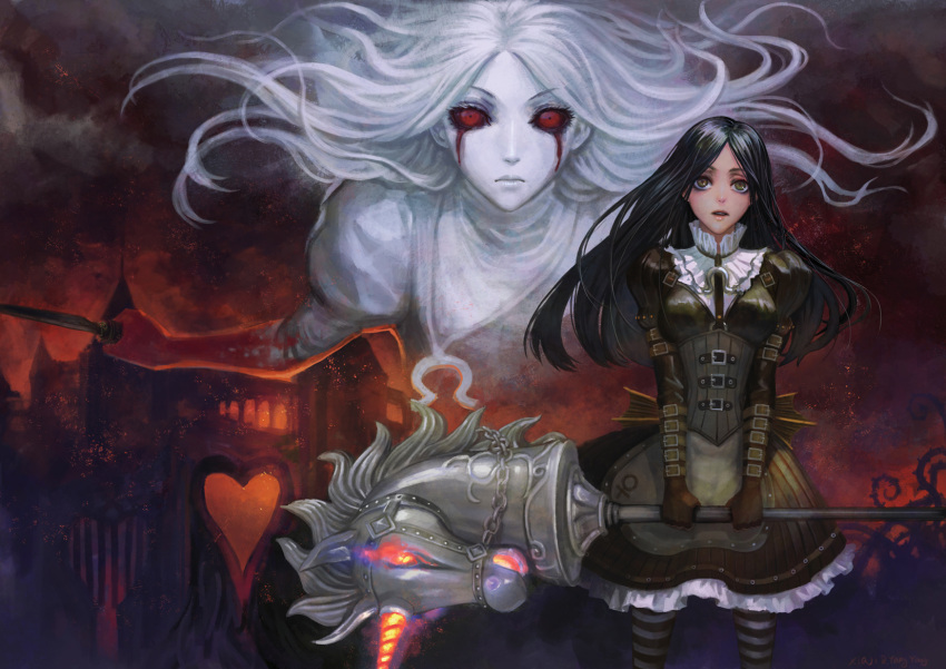 alice:_madness_returns alice_(wonderland) alice_in_wonderland american_mcgee's_alice black_hair blood buckle corset dress dual_persona heart highres pantyhose red_eyes striped striped_legwear teddy_yang weapon white_hair