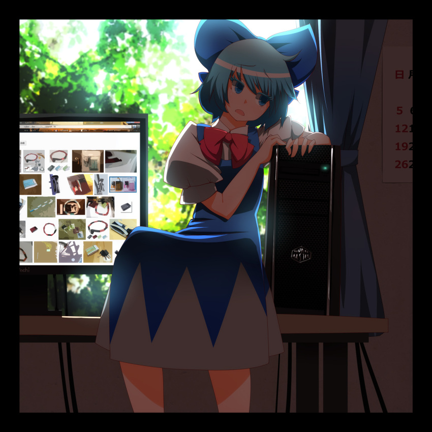 blue_dress blue_eyes blue_hair bow bowtie calendar calendar_(object) cirno colored_eyelashes commentary computer computer_screen curtains dress google google_chrome hair_bow highres kasuteru looking_away on_table open_mouth sitting solo touhou window windowboxed